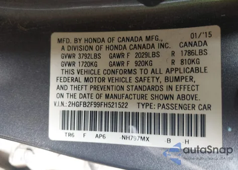 2015 Honda Civic Ex-L z USA, uszkodzony, nr VIN 2HGFB2F99FH521522